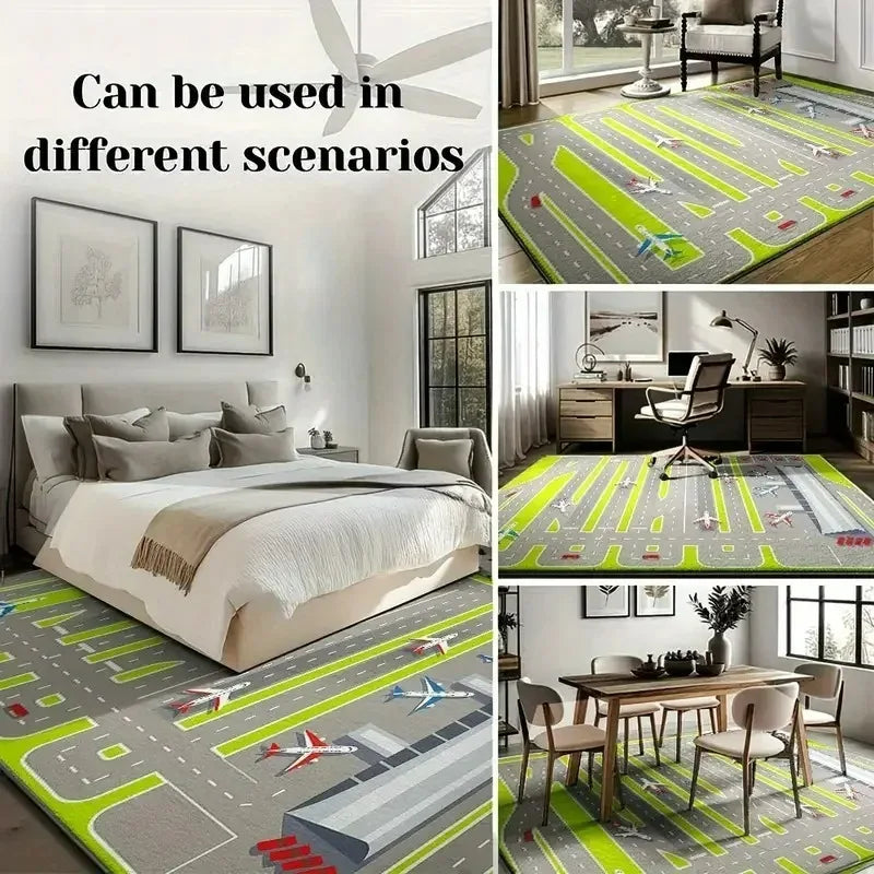 Navy Blue Area Rug Modern Geometric Border Print Carpet