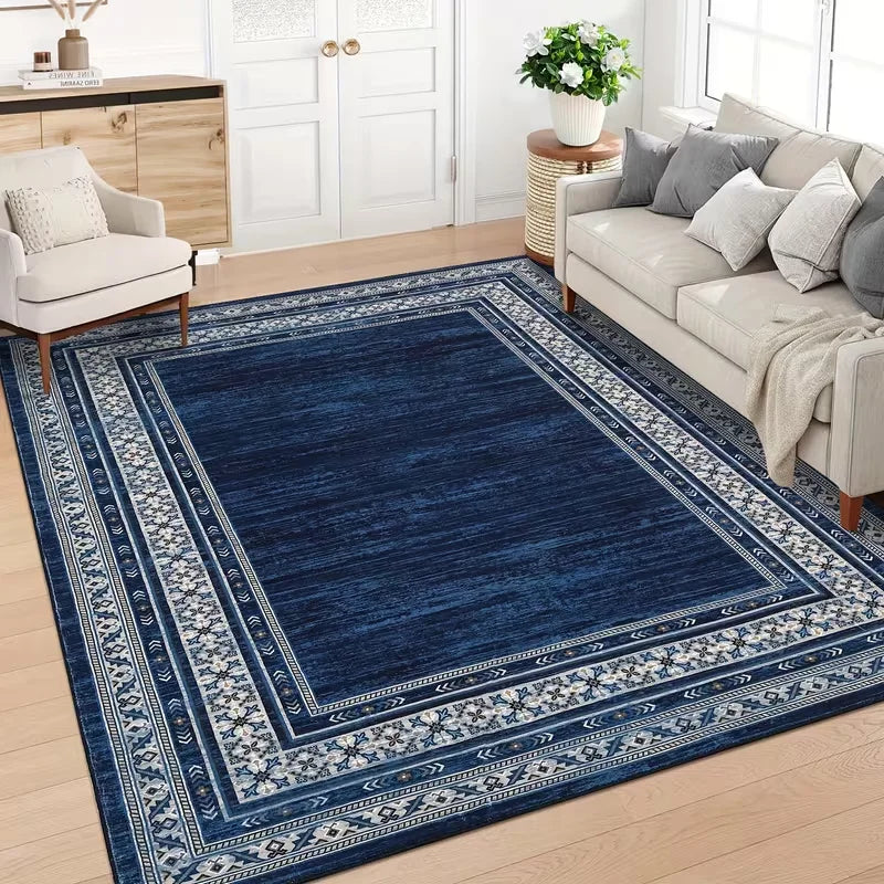 Navy Blue Area Rug Modern Geometric Border Print Carpet