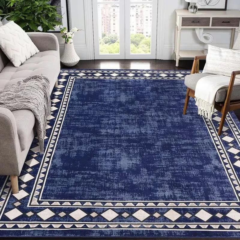 Navy Blue Area Rug Modern Geometric Border Print Carpet