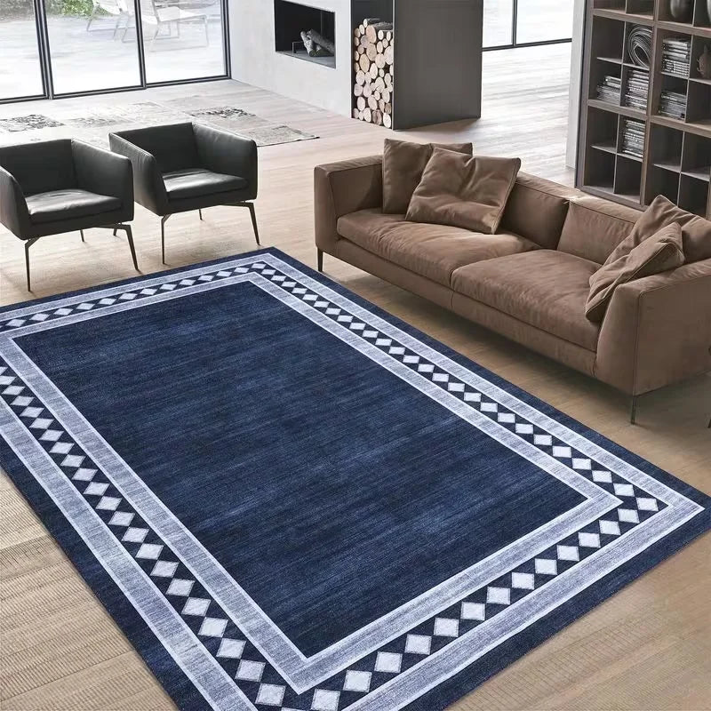 Navy Blue Area Rug Modern Geometric Border Print Carpet